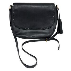 Ralph Lauren LRL Black Shoulder Cross Body Saddle Bag Purse Studded Leather